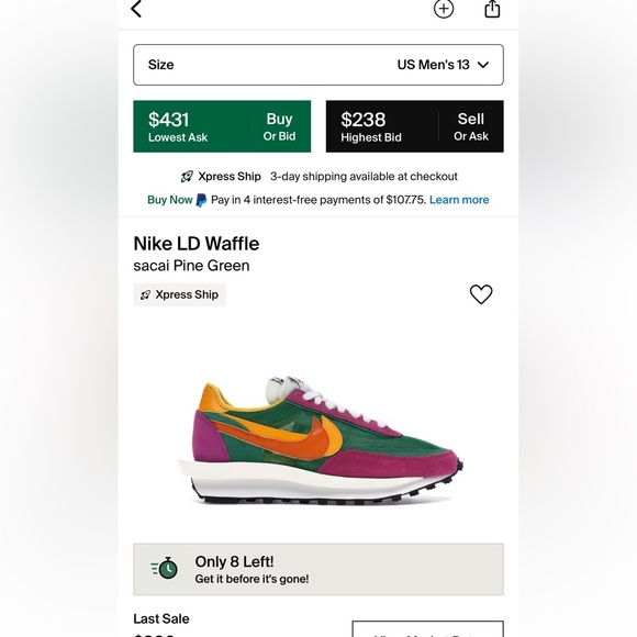 Nike Sacai LD Waffle Pine Green Shoes - Picture 8 of 8